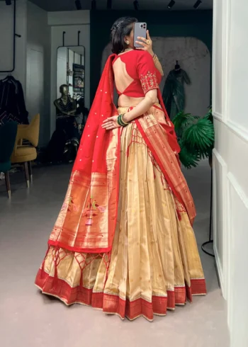 Cream Colour Paithani Kanchipuram Silk Lehenga with Red dupatta back side view