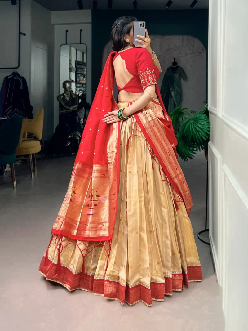 Cream Colour Paithani Kanchipuram Silk Lehenga with Red dupatta back side view