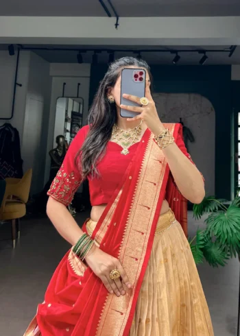 Cream Colour Paithani Kanchipuram Silk Lehenga with Red dupatta close look