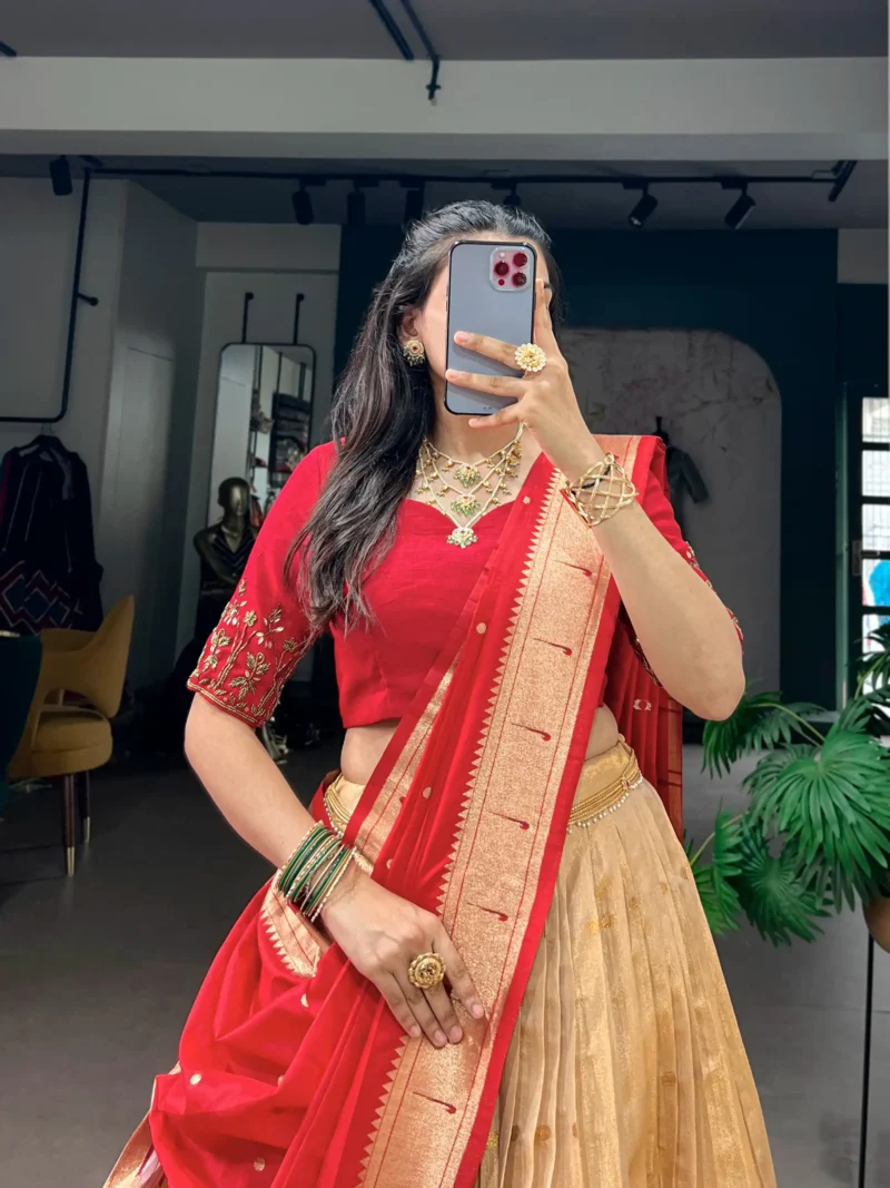 Cream Colour Paithani Kanchipuram Silk Lehenga with Red dupatta close look