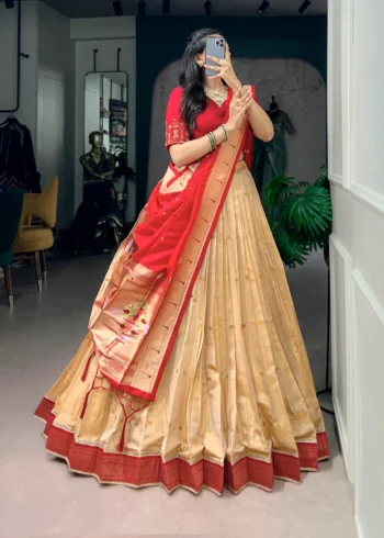 Cream Colour Paithani Kanchipuram Silk Lehenga with Red dupatta side look