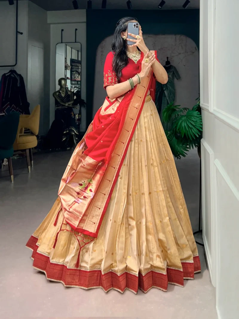 Cream Colour Paithani Kanchipuram Silk Lehenga with Red dupatta side look