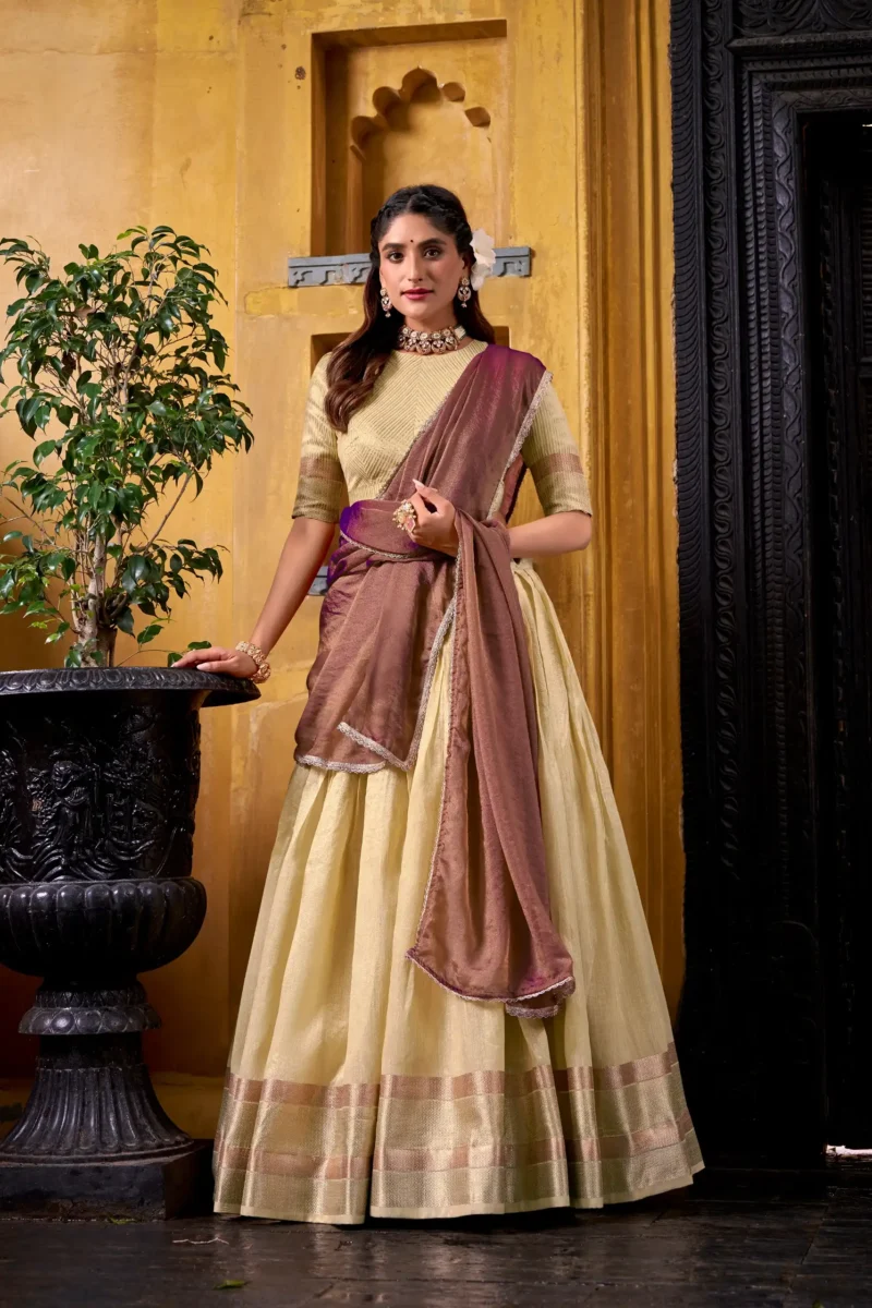 Cream Colour Dupion Silk Half Saree Lehenga