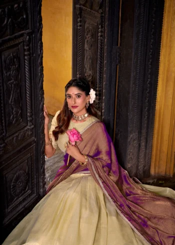 Cream Colour Dupion Silk Half Saree Lehenga close look