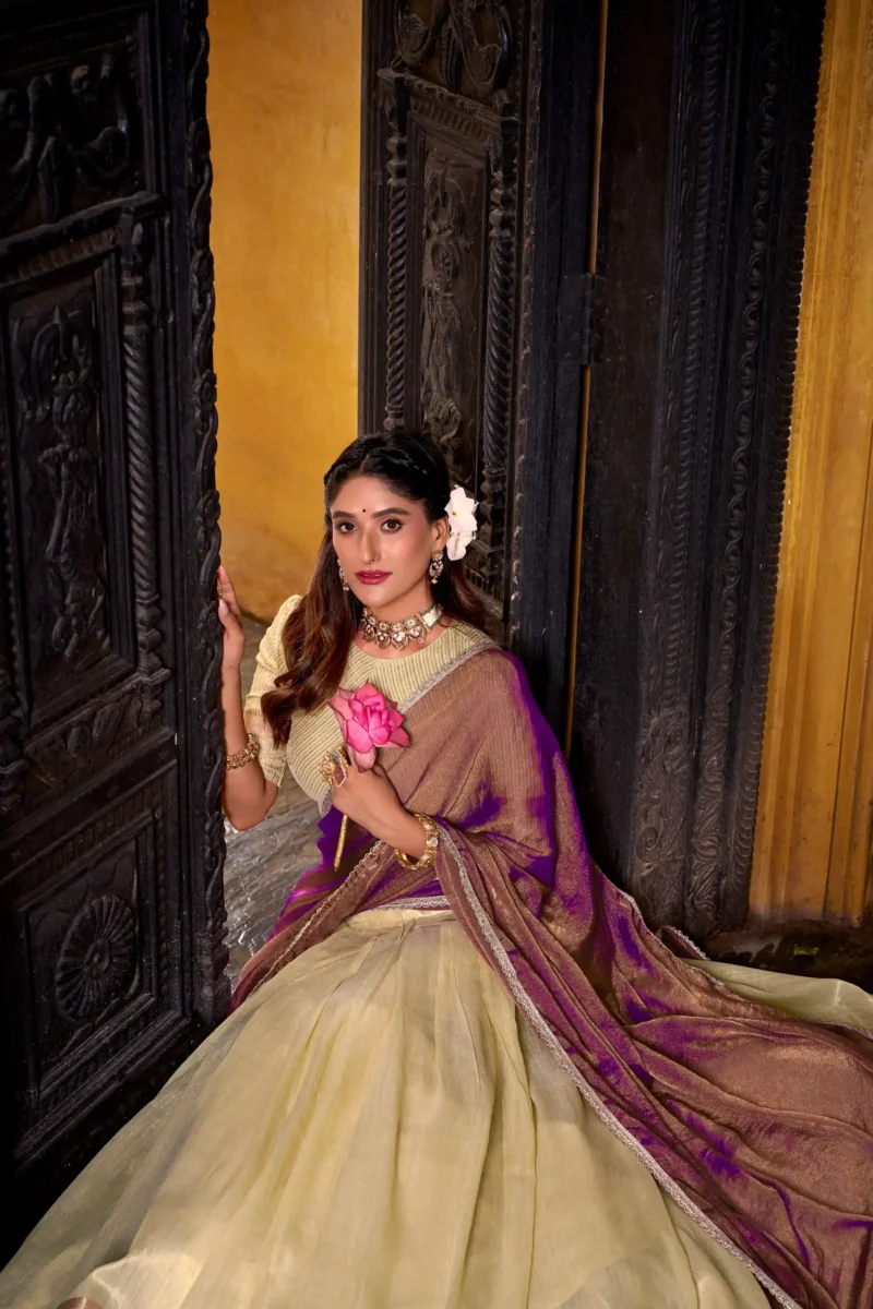 Cream Colour Dupion Silk Half Saree Lehenga close look