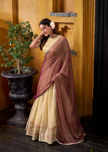 Cream Colour Dupion Silk Half Saree Lehenga side look