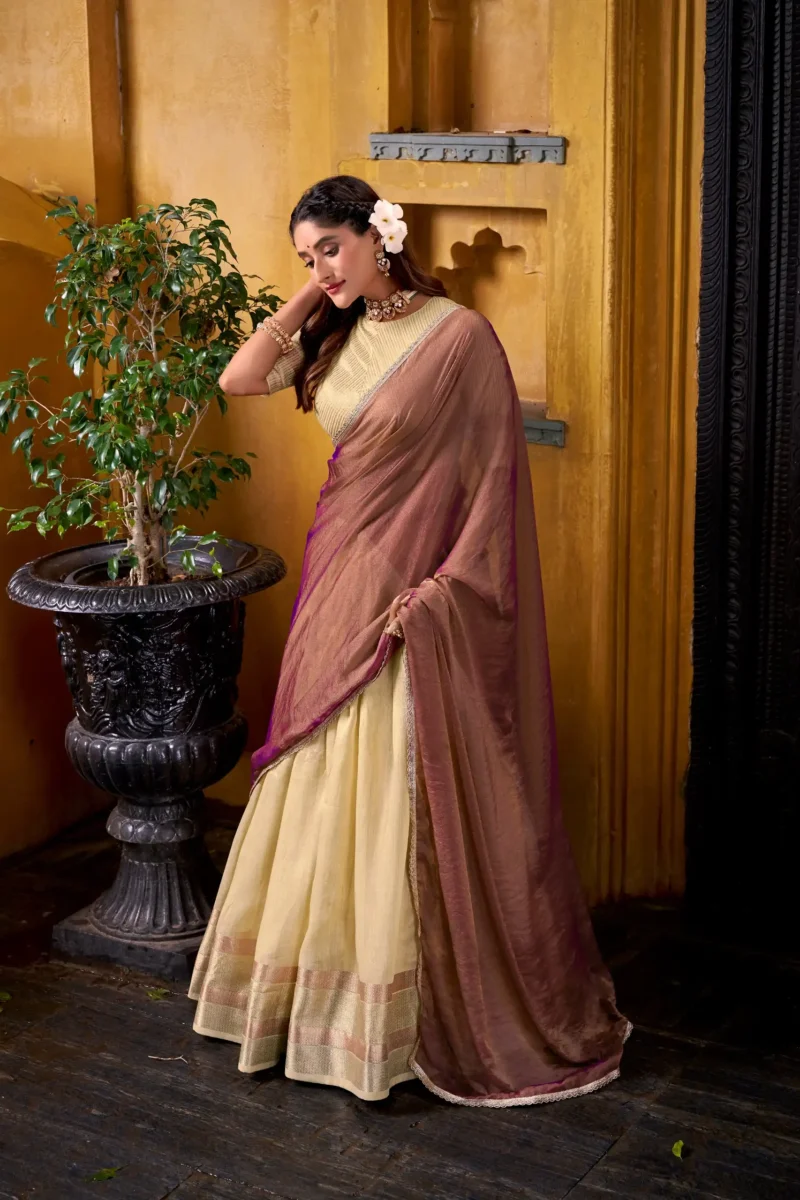 Cream Colour Dupion Silk Half Saree Lehenga side look