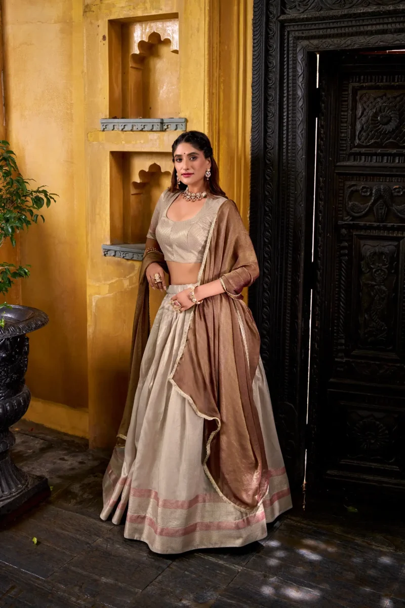 Grey Colour Dupion Silk Half Saree Lehenga side look