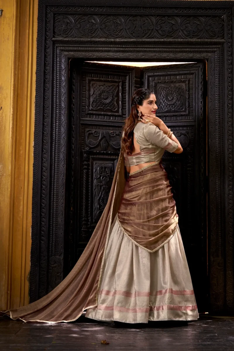 Grey Colour Dupion Silk Half Saree Lehenga back view