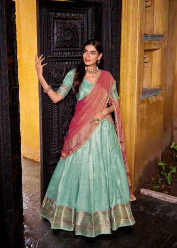 sky blue Colour Dupion Silk Half Saree Lehenga front