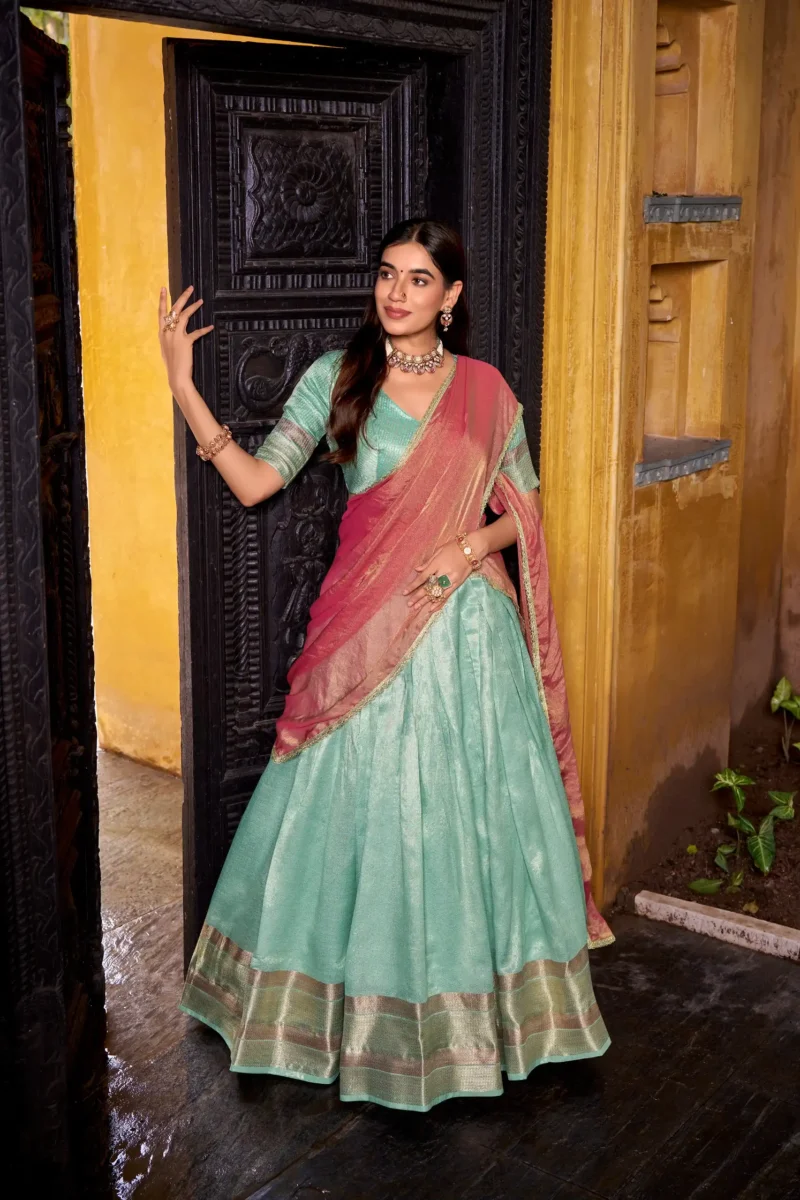 sky blue Colour Dupion Silk Half Saree Lehenga front