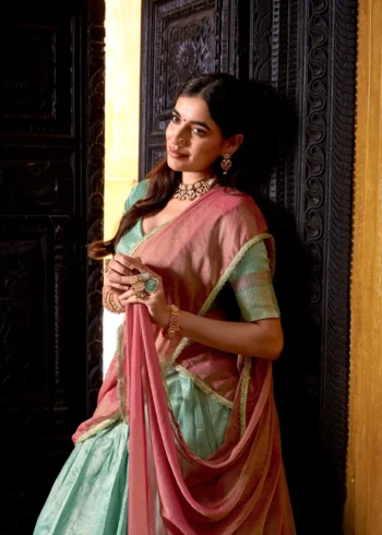 sky blue Colour Dupion Silk Half Saree Lehenga close look