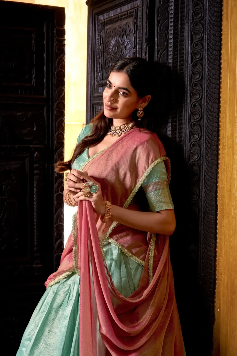 sky blue Colour Dupion Silk Half Saree Lehenga close look