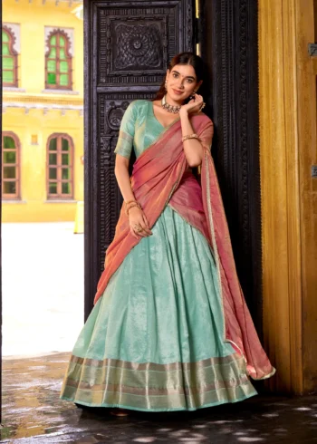 sky blue Colour Dupion Silk Half Saree Lehenga front look