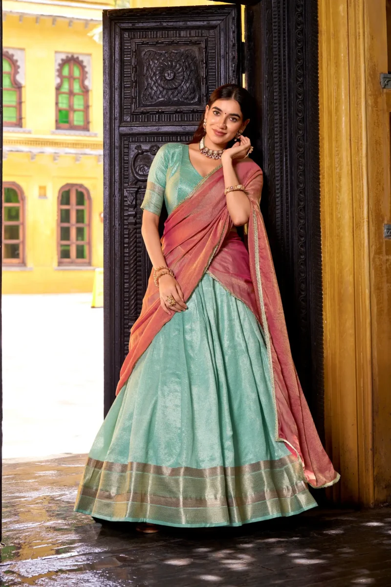 sky blue Colour Dupion Silk Half Saree Lehenga front look