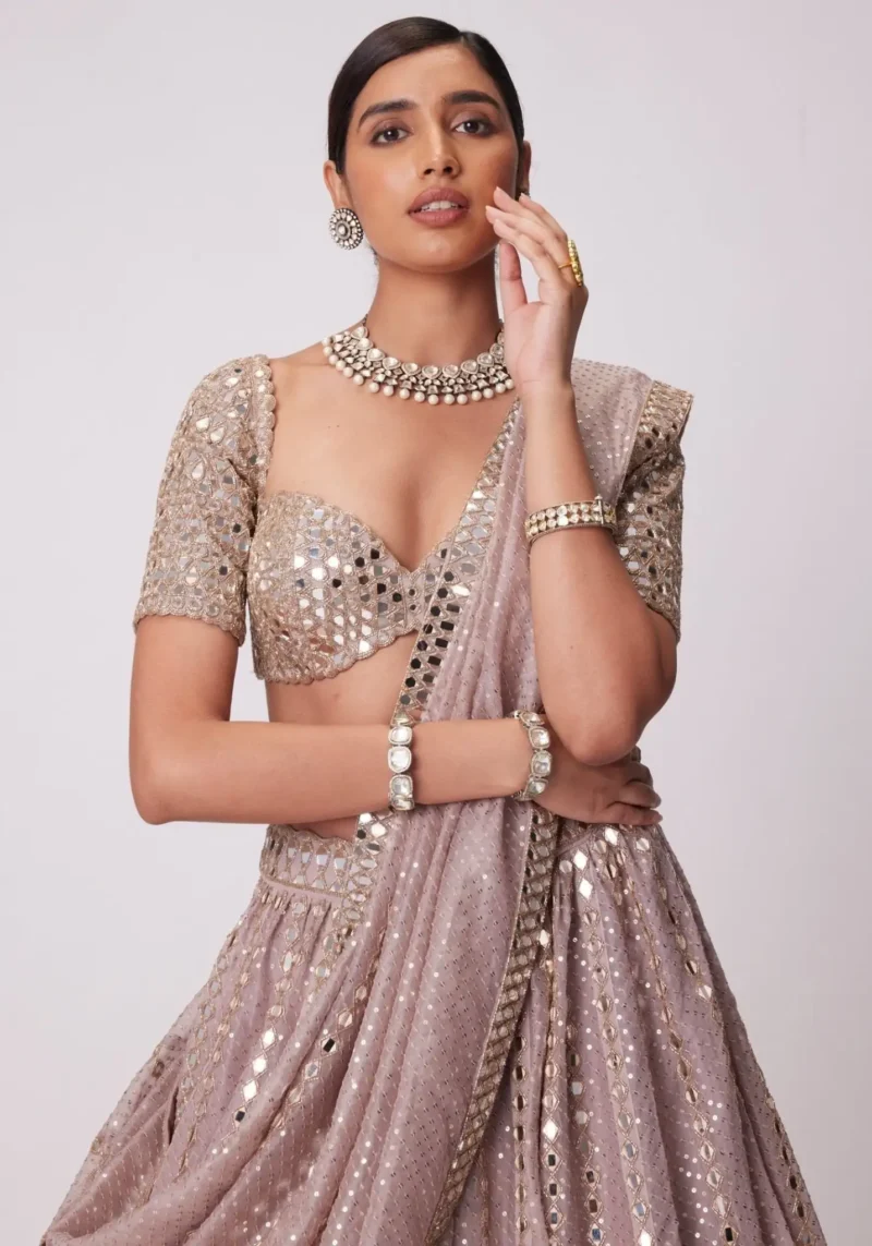 Dusty Lavender Organza Bridesmaid Lehenga close