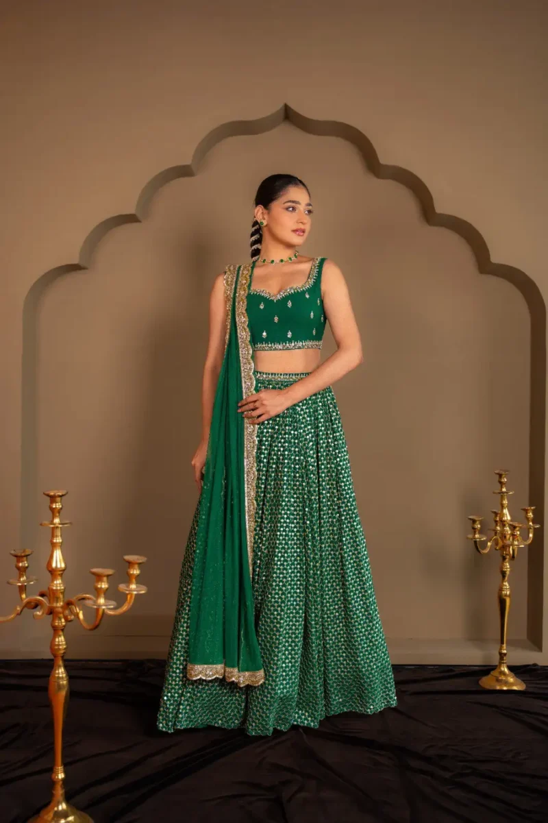 Emerald Green Georgette Bridesmaid Lehenga full look