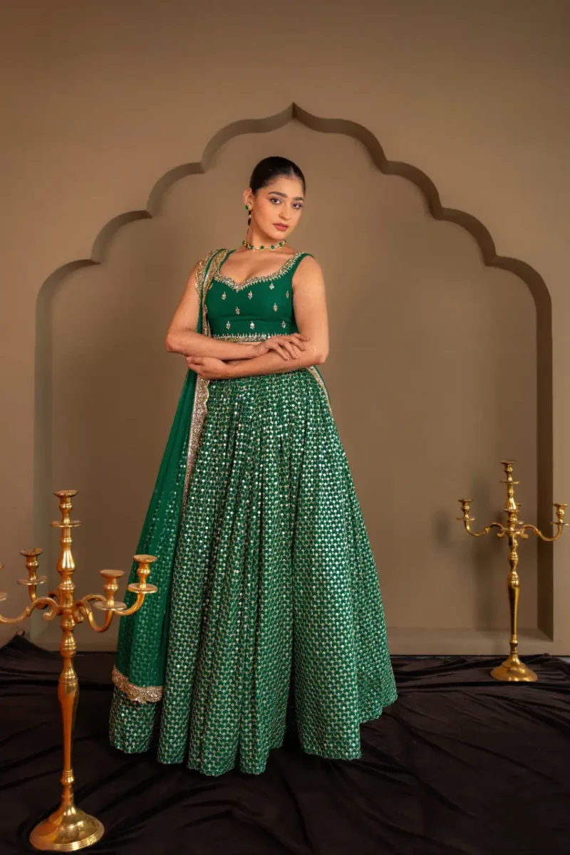 Emerald Green Georgette Bridesmaid Lehenga front look