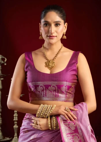 BAby Pink Colour Fancy Modal Banarasi Silk Saree close blouse design