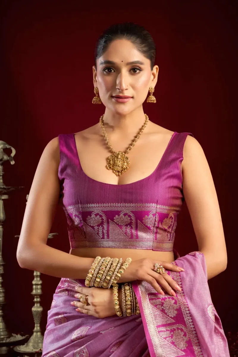 BAby Pink Colour Fancy Modal Banarasi Silk Saree close blouse design