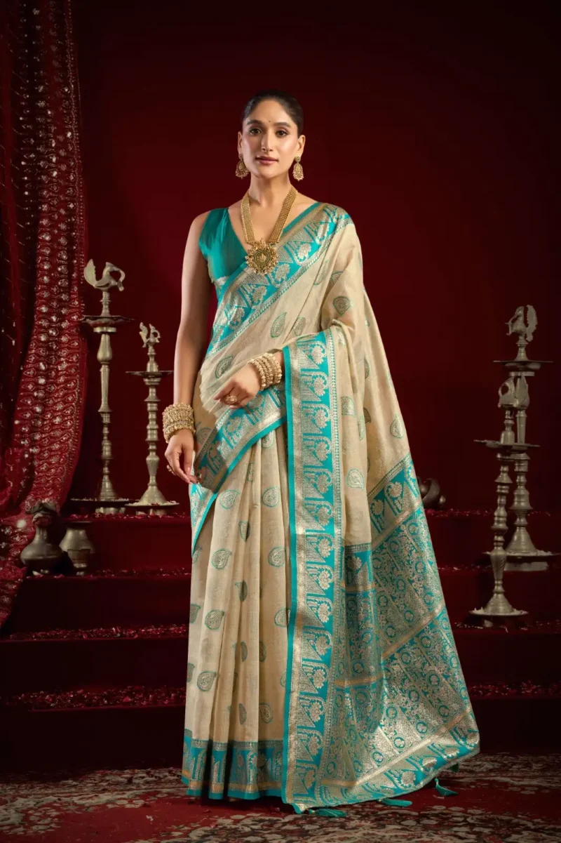 Cream Colour Fancy Modal Banarasi Silk Saree front look