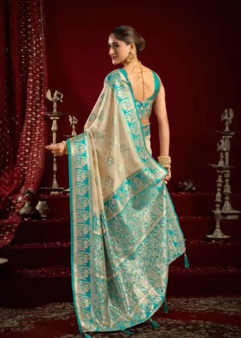 Cream Colour Fancy Modal Banarasi Silk Saree back side look
