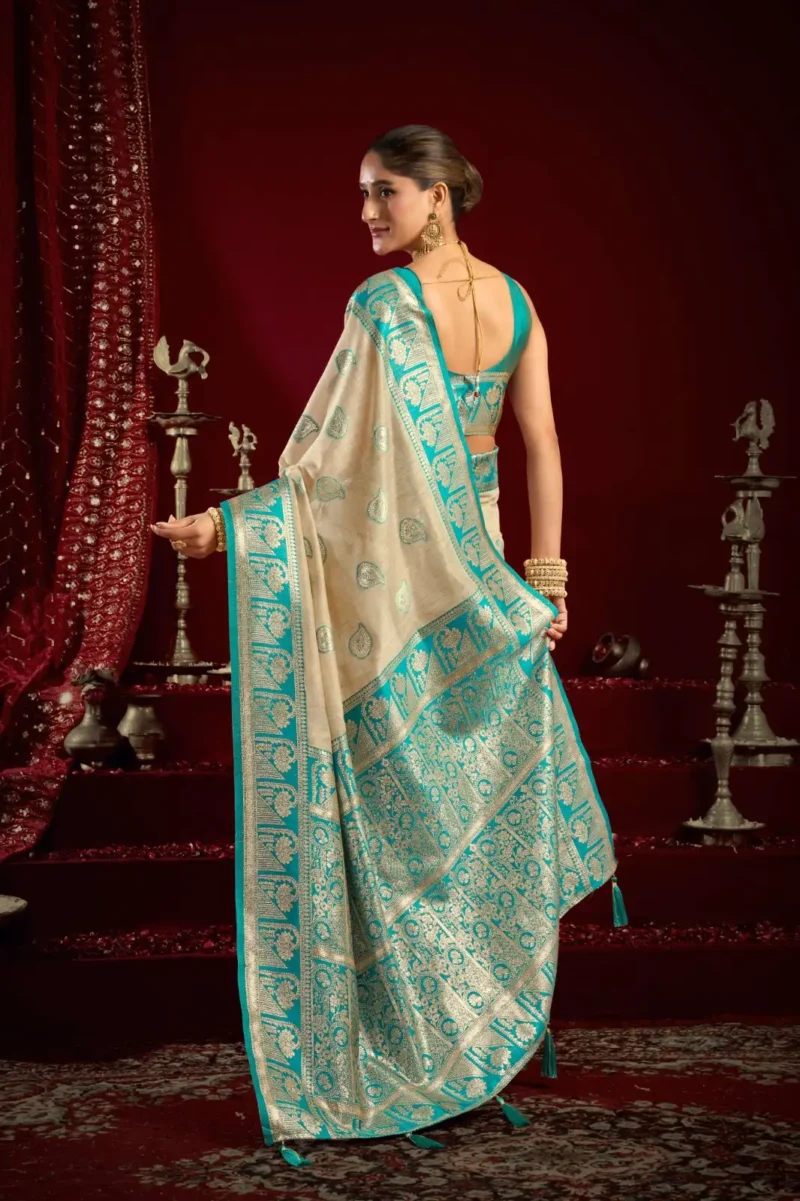 Cream Colour Fancy Modal Banarasi Silk Saree back side look