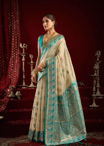 Cream Colour Fancy Modal Banarasi Silk Saree side pallu look