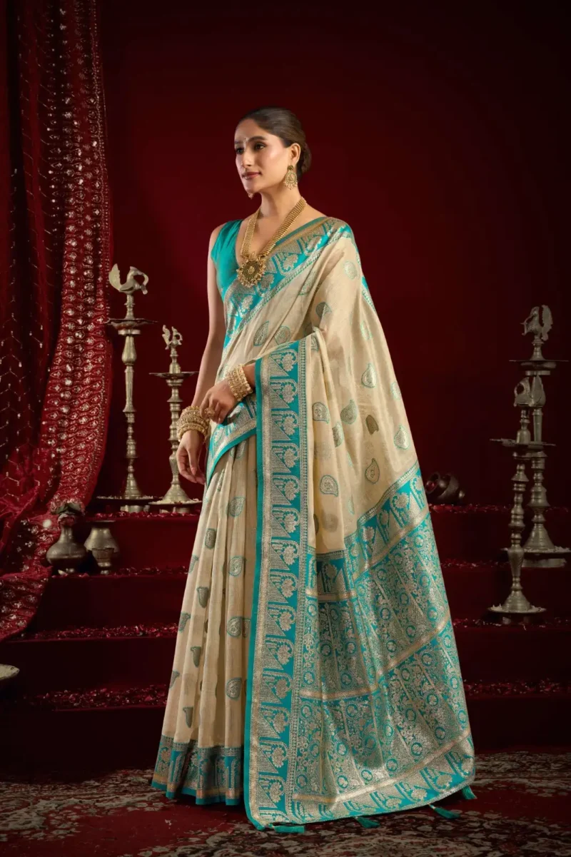 Cream Colour Fancy Modal Banarasi Silk Saree side pallu look