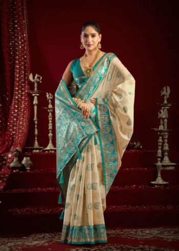 Cream Colour Fancy Modal Banarasi Silk Saree front pallu look