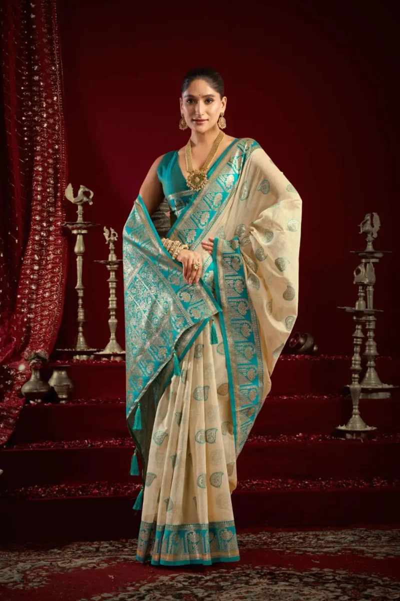 Cream Colour Fancy Modal Banarasi Silk Saree front pallu look
