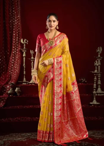 Mustard Colour Fancy Modal Banarasi Silk Saree Front