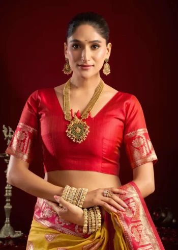 Mustard Colour Fancy Modal Banarasi Silk Saree close blouse look