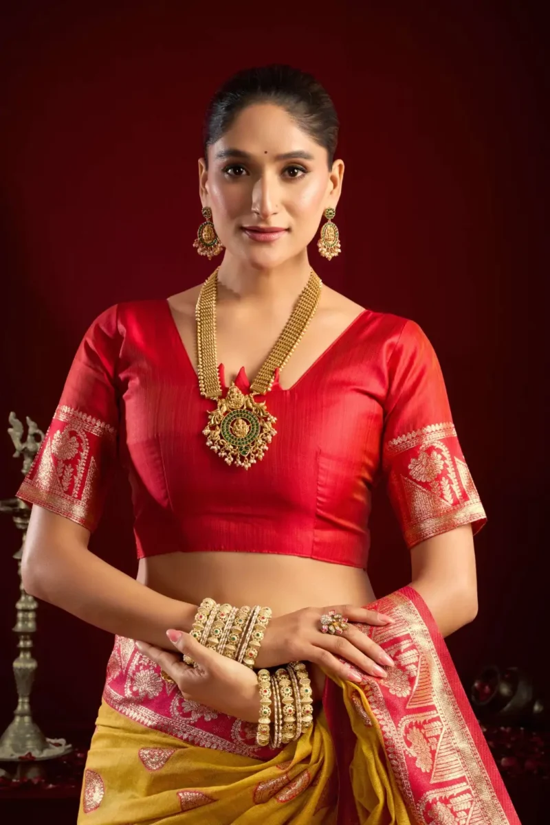 Mustard Colour Fancy Modal Banarasi Silk Saree close blouse look