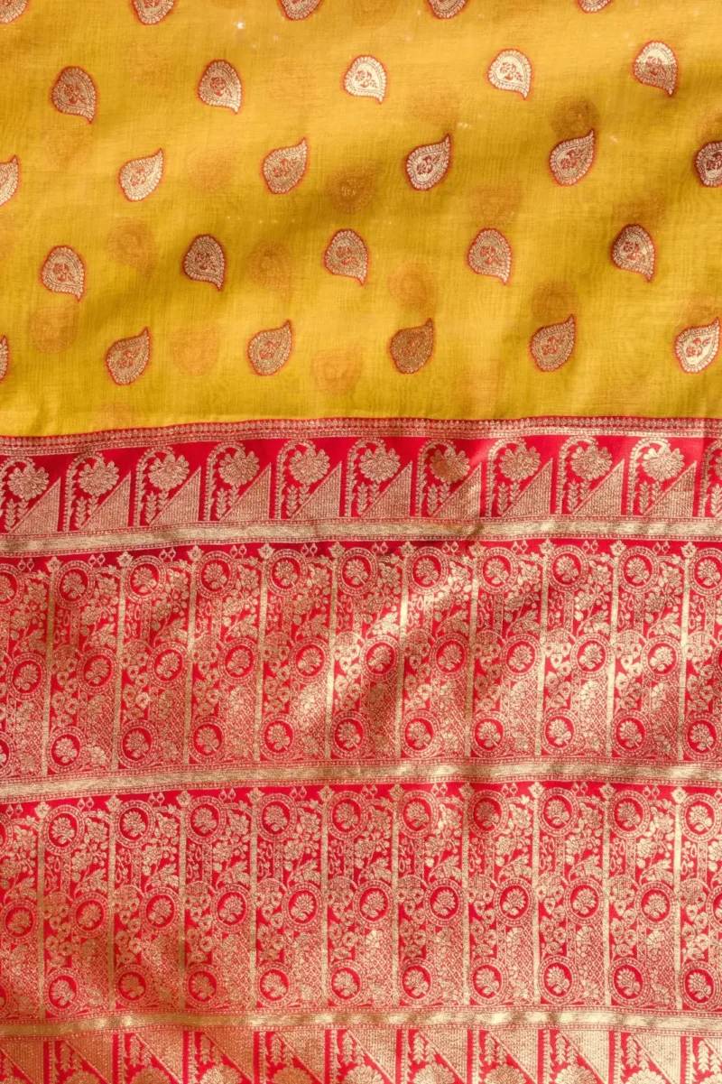 Mustard Colour Fancy Modal Banarasi Silk Saree open close work
