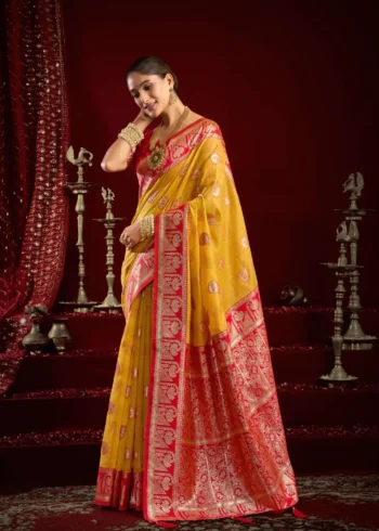 Mustard Colour Fancy Modal Banarasi Silk Saree pallu look