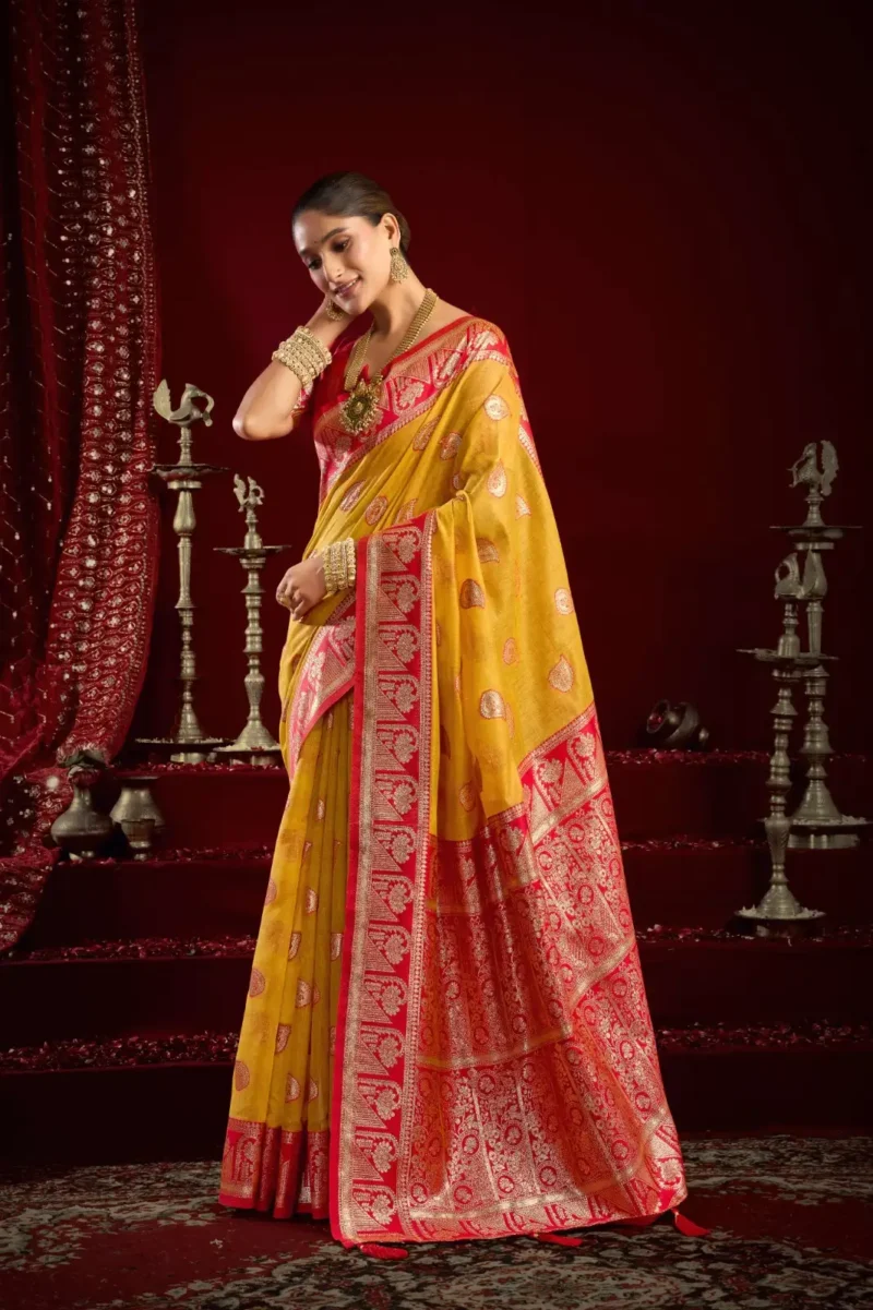 Mustard Colour Fancy Modal Banarasi Silk Saree pallu look