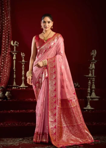 Peach Colour Fancy Modal Banarasi Silk Saree full front look
