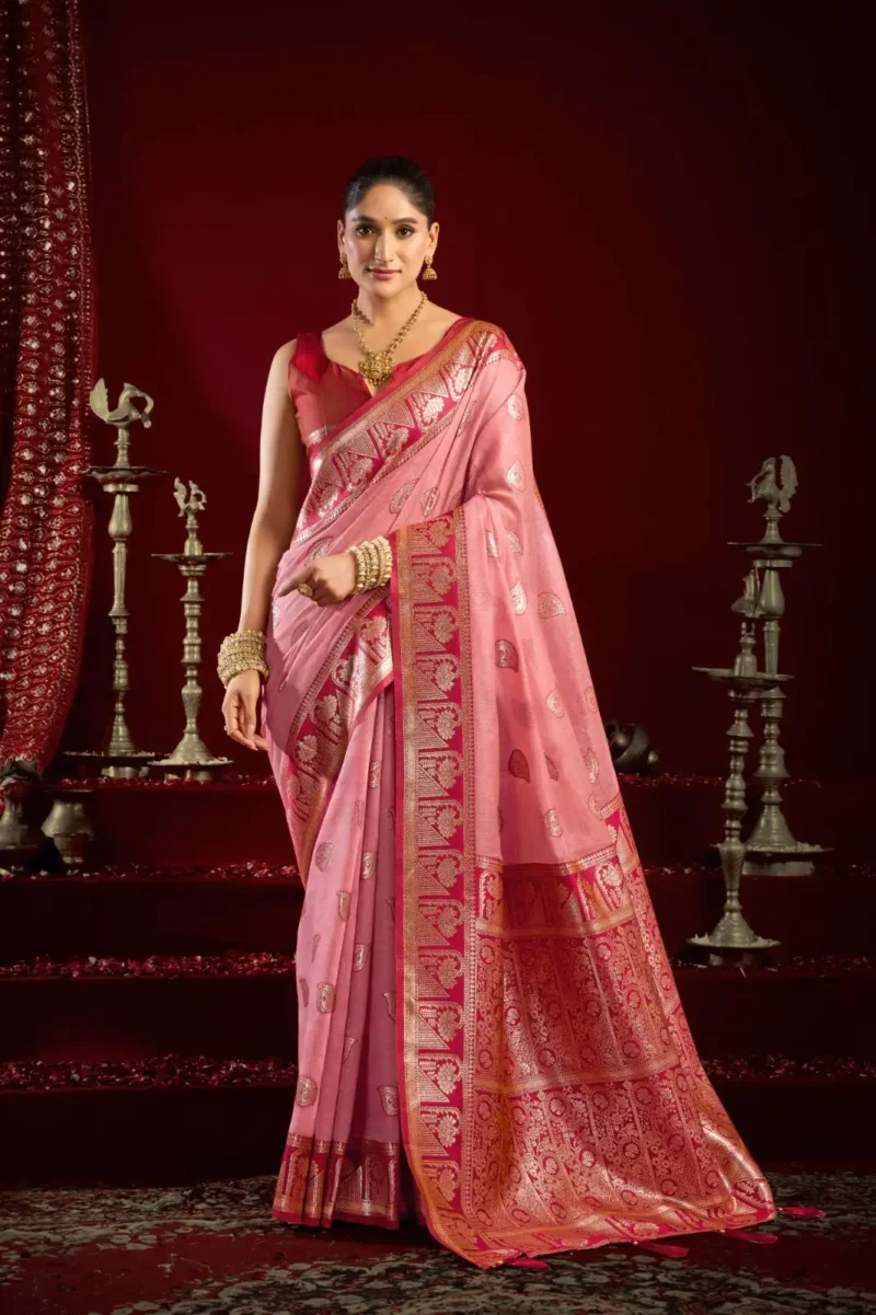 Peach Colour Fancy Modal Banarasi Silk Saree full front look