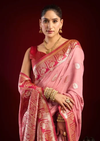 Peach Colour Fancy Modal Banarasi Silk Saree close look