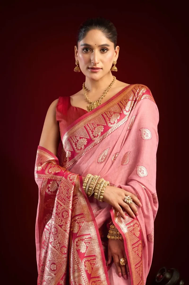 Peach Colour Fancy Modal Banarasi Silk Saree close look