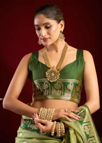 Pista Colour Fancy Modal Banarasi Silk Saree close blouse look