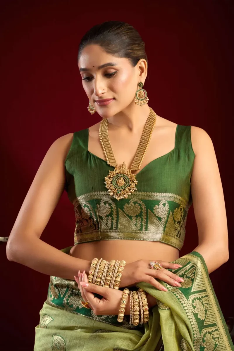 Pista Colour Fancy Modal Banarasi Silk Saree close blouse look