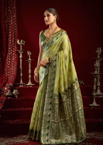 Pista Colour Fancy Modal Banarasi Silk Saree pallu look