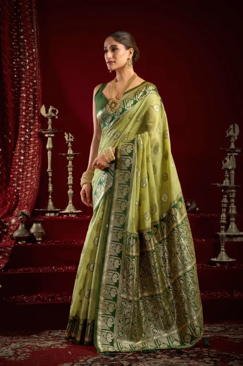Pista Colour Fancy Modal Banarasi Silk Saree pallu look