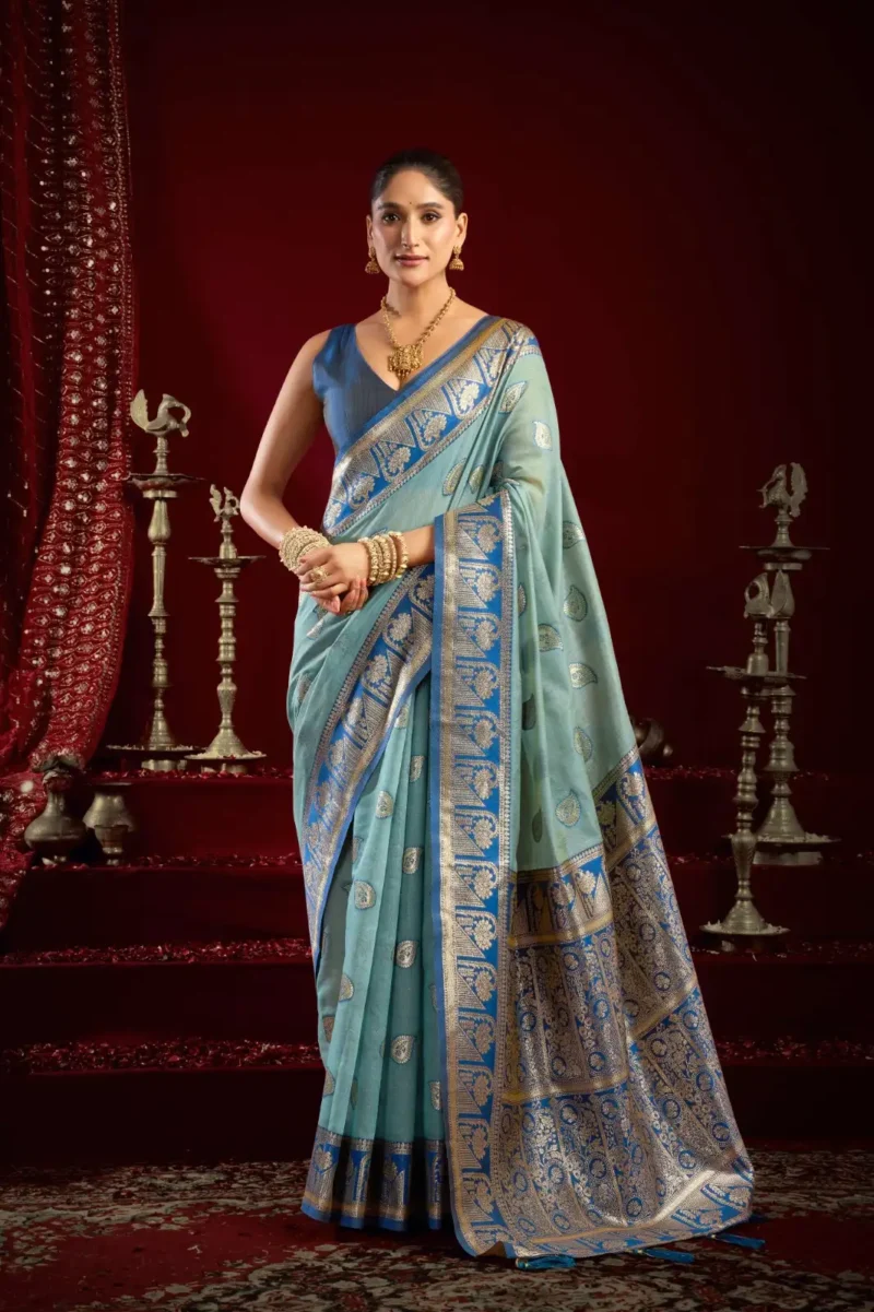 Sky Blue Colour Fancy Modal Banarasi Silk Saree front look