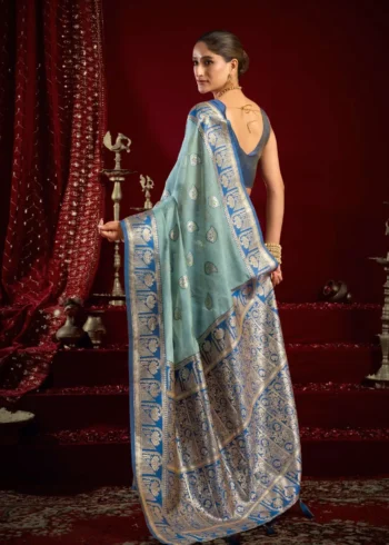 Sky Blue Colour Fancy Modal Banarasi Silk Saree back side look