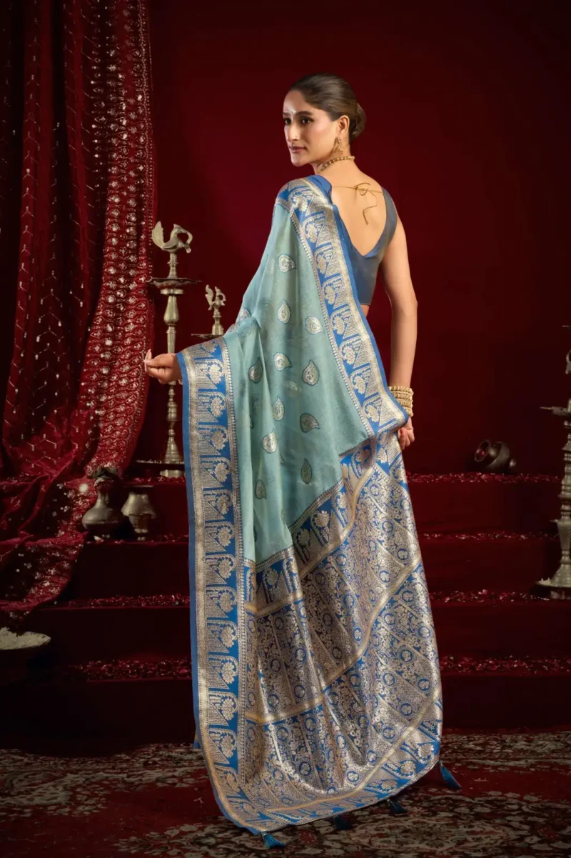 Sky Blue Colour Fancy Modal Banarasi Silk Saree back side look