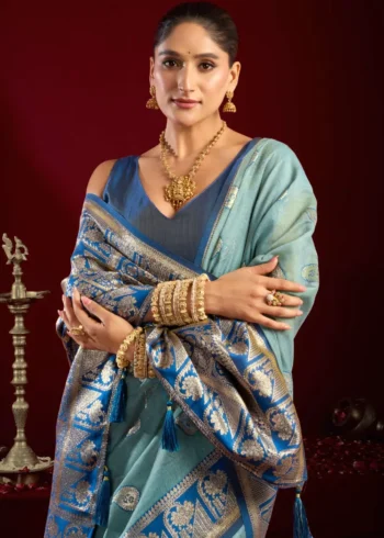 Sky Blue Colour Fancy Modal Banarasi Silk Saree close blouse look