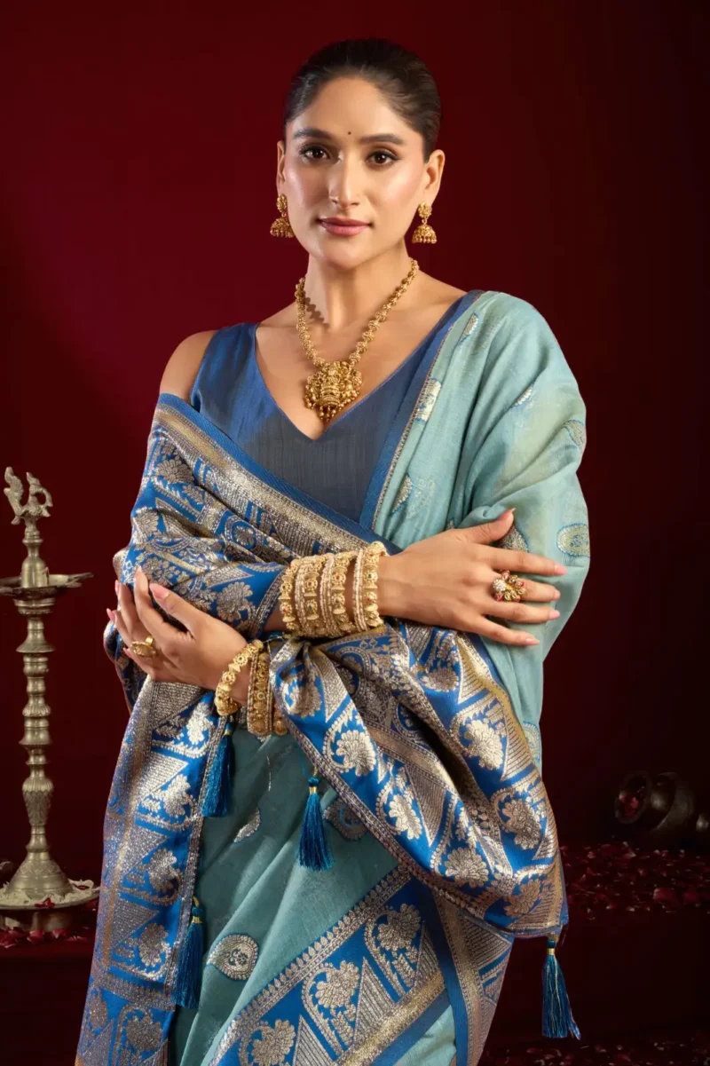 Sky Blue Colour Fancy Modal Banarasi Silk Saree close blouse look